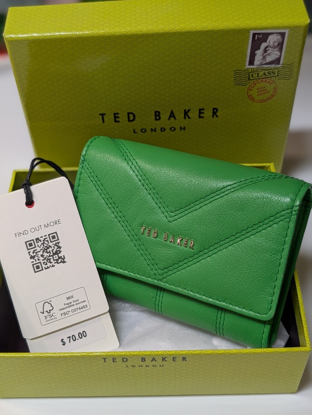 Ted Baker Bright Green Chevron-Detail Leather Wallet